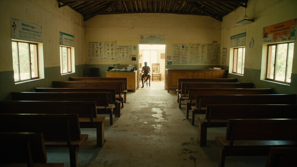 A nearly empty waiting area of a rural health clinic with benches and a reception desk, illustrating reduced patient attendance.