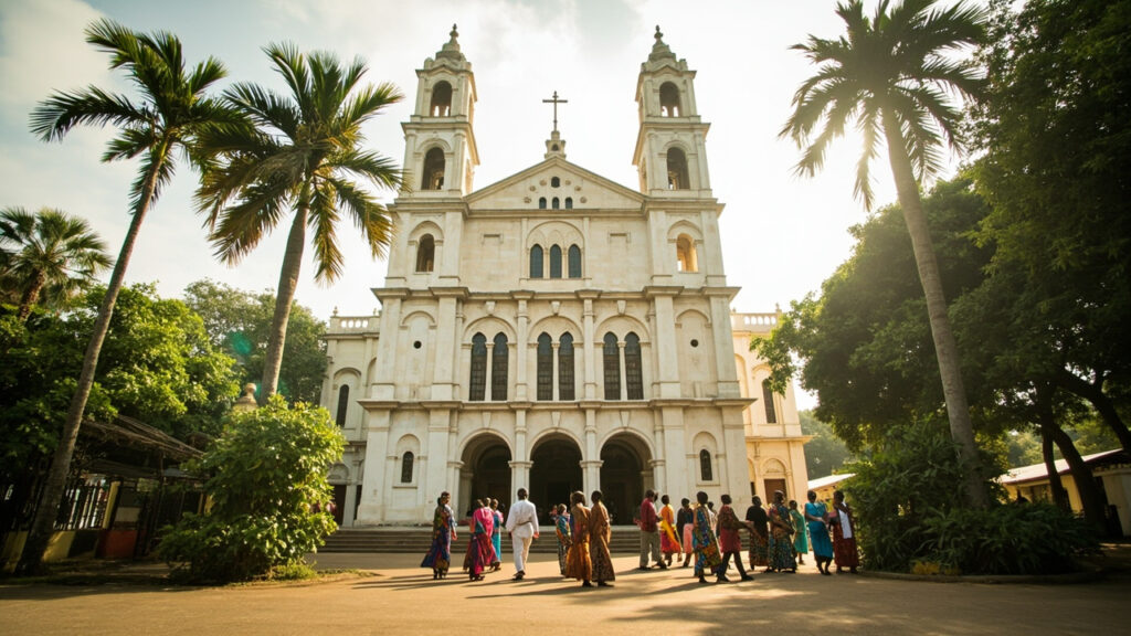 A Nigerian Catholic cathedral with worshippers arriving during morning services, set among tropical greenery.