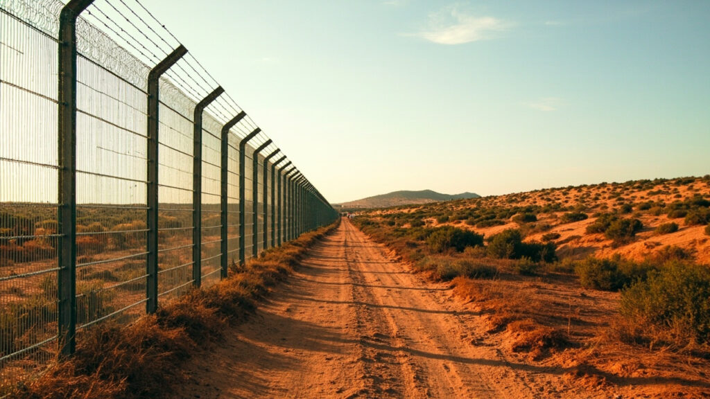 A tall double border fence stretches across dry coastal terrain near Ceuta.