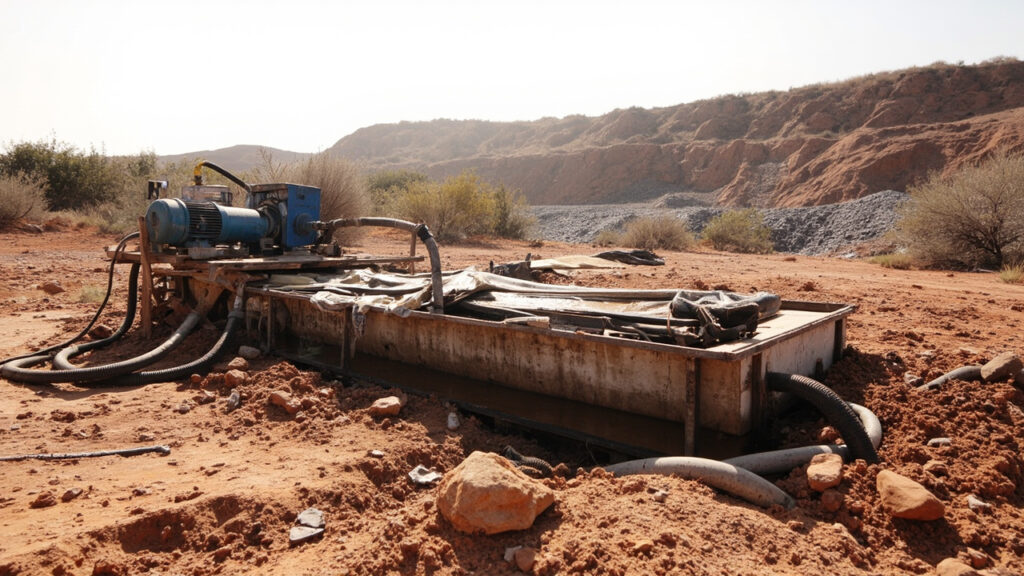 A makeshift chrome washing operation with sluicing equipment and a diesel pump set up on disturbed ground.
