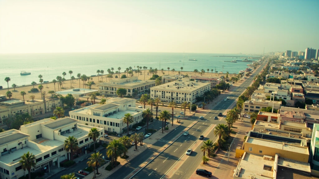 A wide daytime view of a coastal African capital city with modern government and office buildings along a waterfront.