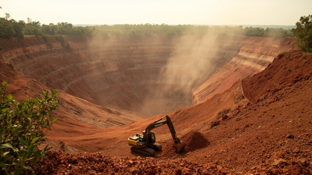 An open-pit gold mine in a tropical landscape, with terraced excavation walls and exposed reddish earth, surrounded by low vegetation under