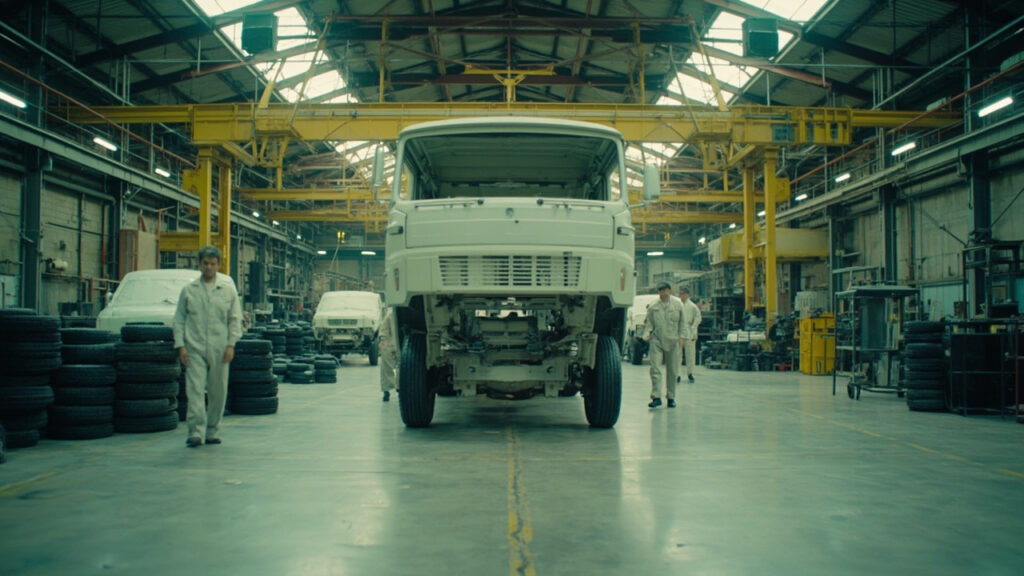 Wide view of an industrial vehicle assembly hall with partially assembled vehicles on a production line inside a large factory.