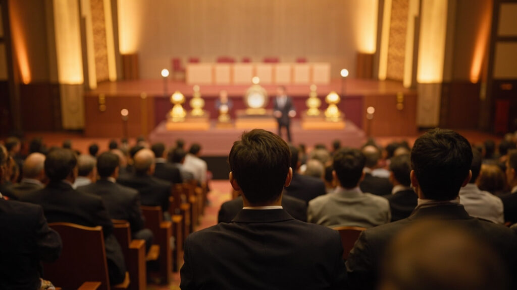 A formal corporate conference interior with suited delegates seated at tables, a stage with a podium, and award plaques presented under warm