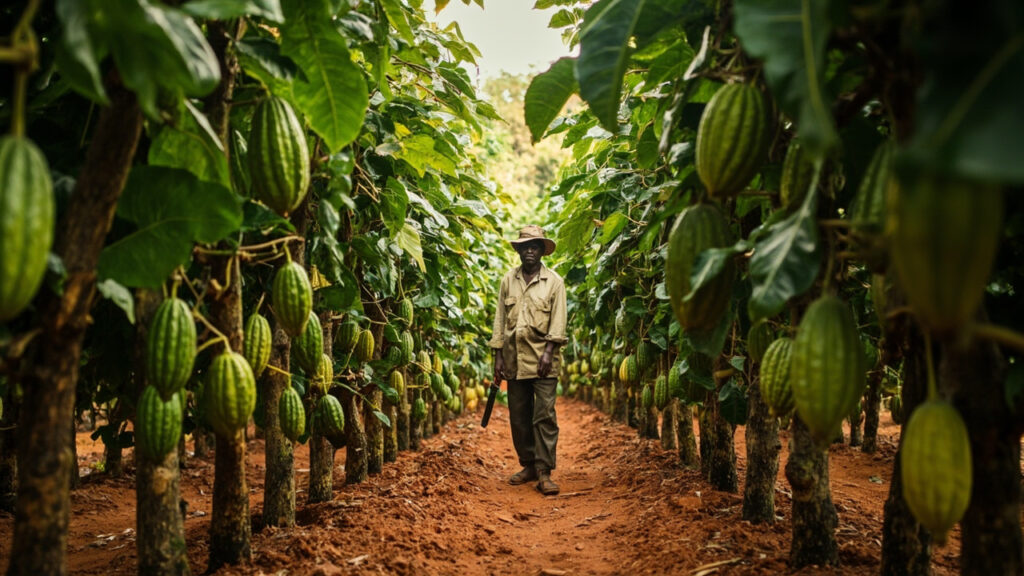 A smallholder cocoa farmer stands among rows of cocoa trees in Ghana with mature pods growing from the trunks.