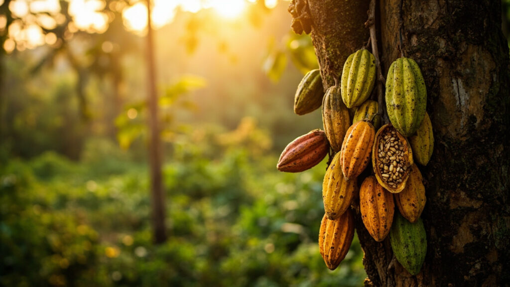A close-up of ripe cocoa pods growing on a tree trunk in a Ghanaian cocoa farm, with surrounding forest foliage.