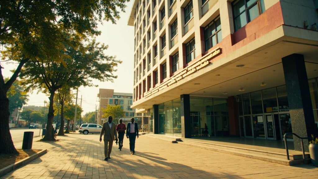 A clear daytime exterior view of the Ghana Statistical Service headquarters in Accra, showing the building entrance and surrounding grounds.