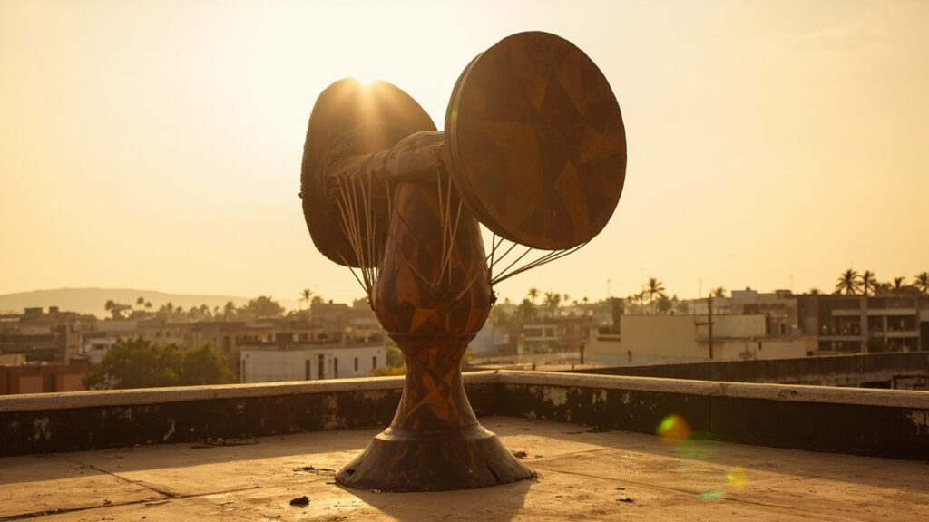 A large hourglass-shaped talking drum installation mounted on the rooftop of a tall building against the Ibadan skyline.