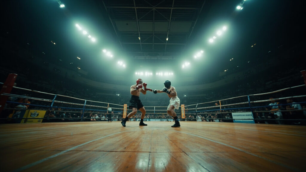 An amateur boxing match in progress inside a large multi-sport arena, two fighters wearing headgear and gloves trading punches inside the ri