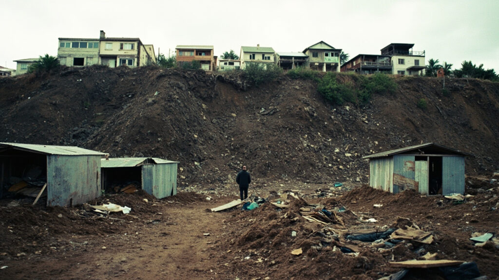 A hillside residential area where part of a large waste mound has slid down onto small homes, with debris scattered across muddy ground.