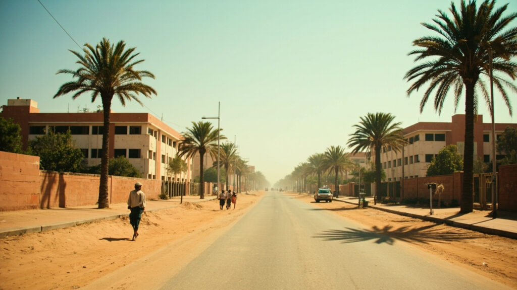 A wide street view of a dusty West African capital with low-rise government buildings and passing traffic under bright sunlight.
