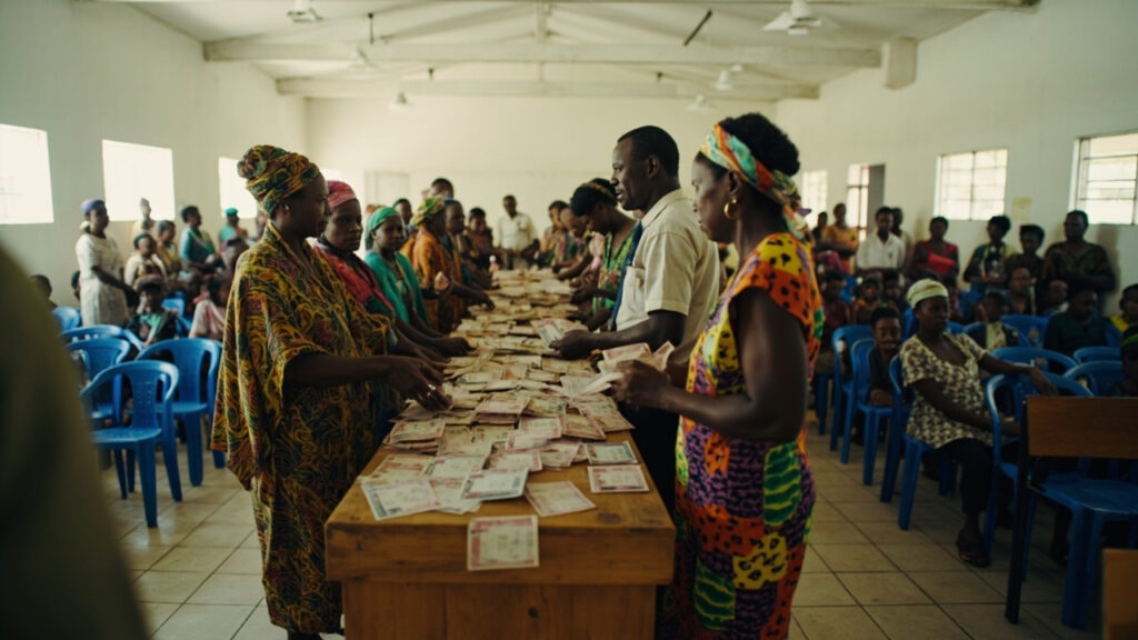 Officials hand over cash to beneficiaries at a community hall set up for a government cash transfer distribution event.