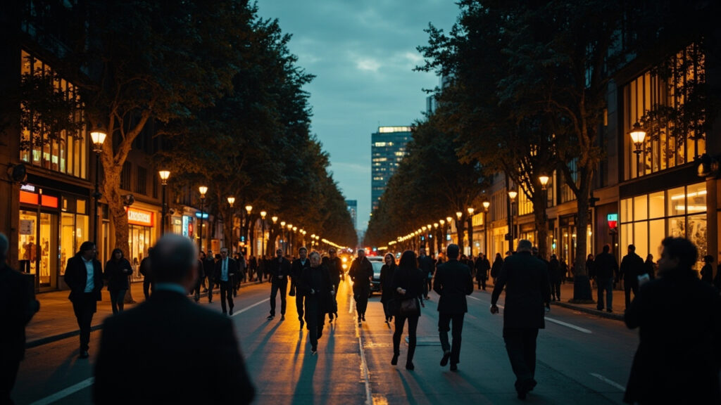 An evening city street scene with pedestrians walking away from an office district as daylight fades and streetlights begin to glow.