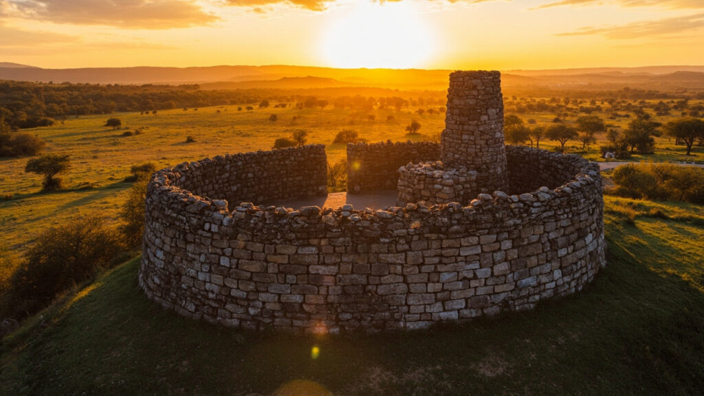 The ancient dry-stone walls and conical tower of Great Zimbabwe at golden hour