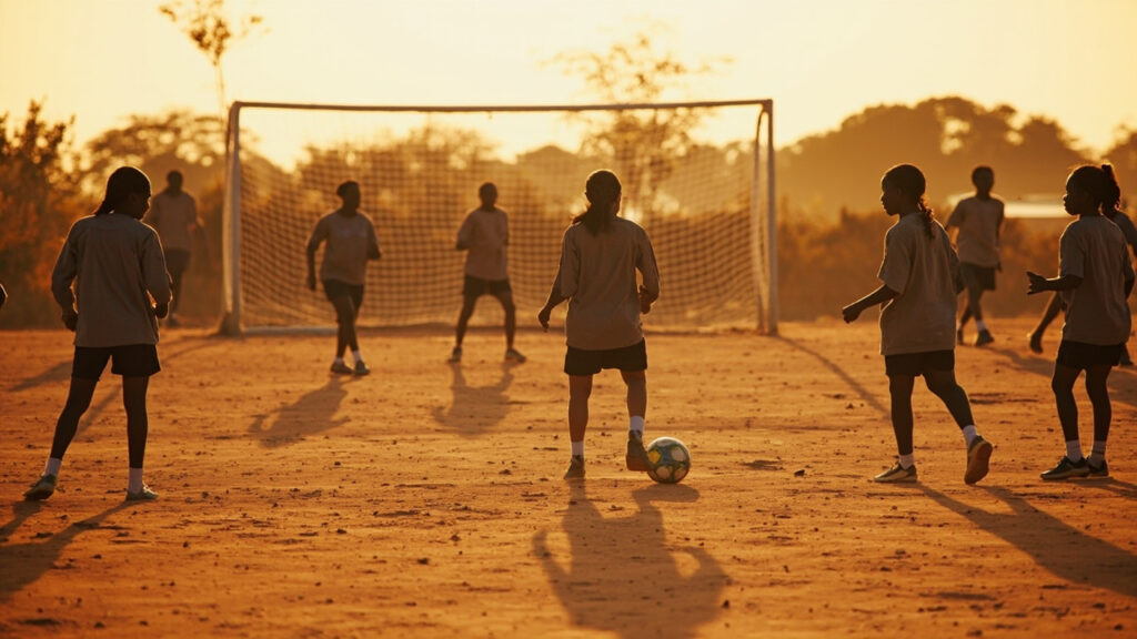 Young women in plain training kit practice passing drills on a dusty dirt pitch in Malawi.