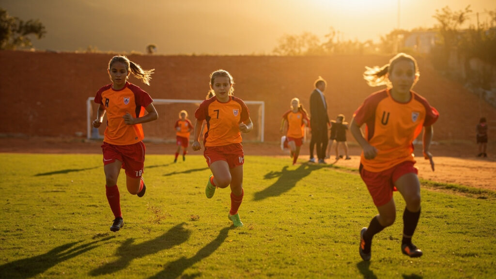 Young female football players training on a grass pitch in matching kit during a coaching session.