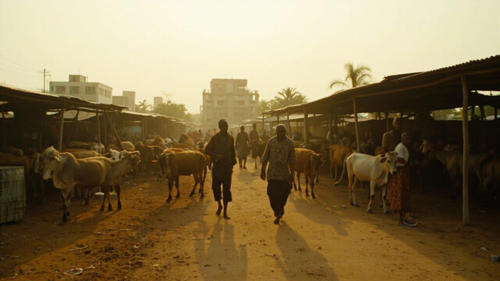 An open-air livestock market on the edge of a Nigerian city, with cattle, vendors and corrugated metal shelters under soft morning light.
