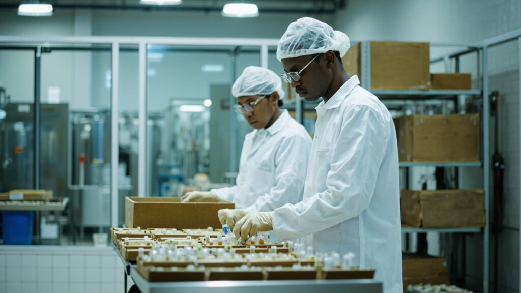Workers in white clean-room coats and hairnets package medicine bottles along a stainless-steel pharmaceutical production line.