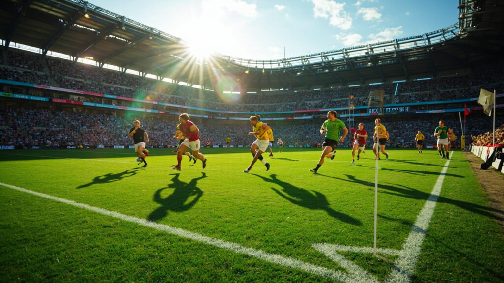 A rugby pitch in a large stadium with players running during a sevens tournament, spectators in the stands.