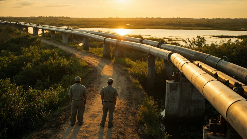 An industrial pipeline corridor running through tropical wetland terrain in a river delta, with vegetation lining both sides and workers mon