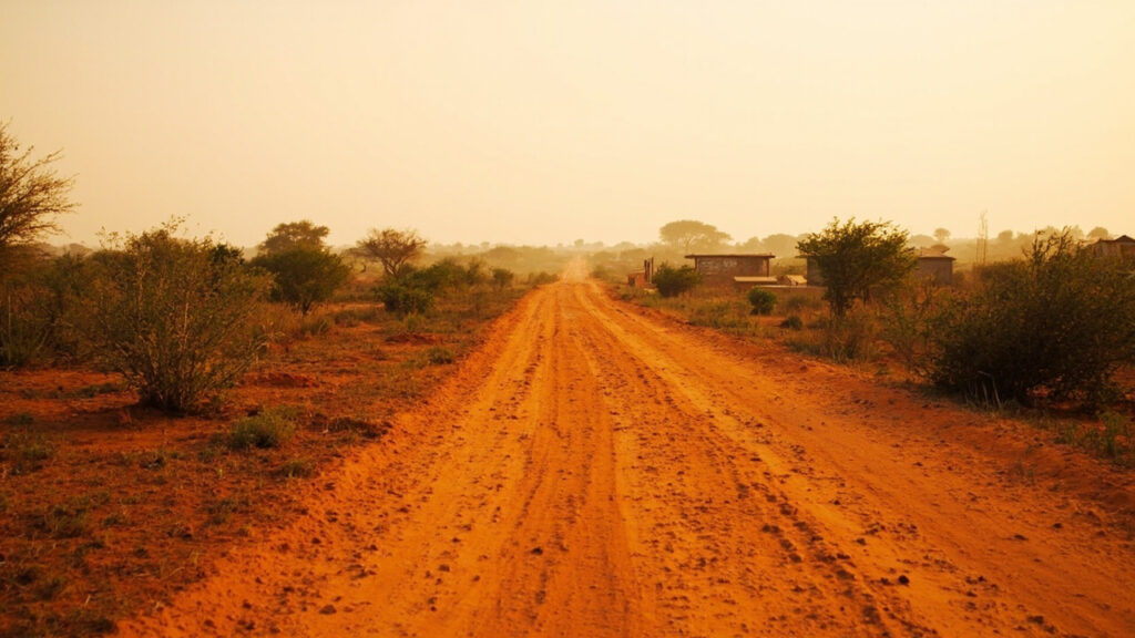 A long rutted dirt road stretching through dry savanna toward distant scattered dwellings on the horizon.