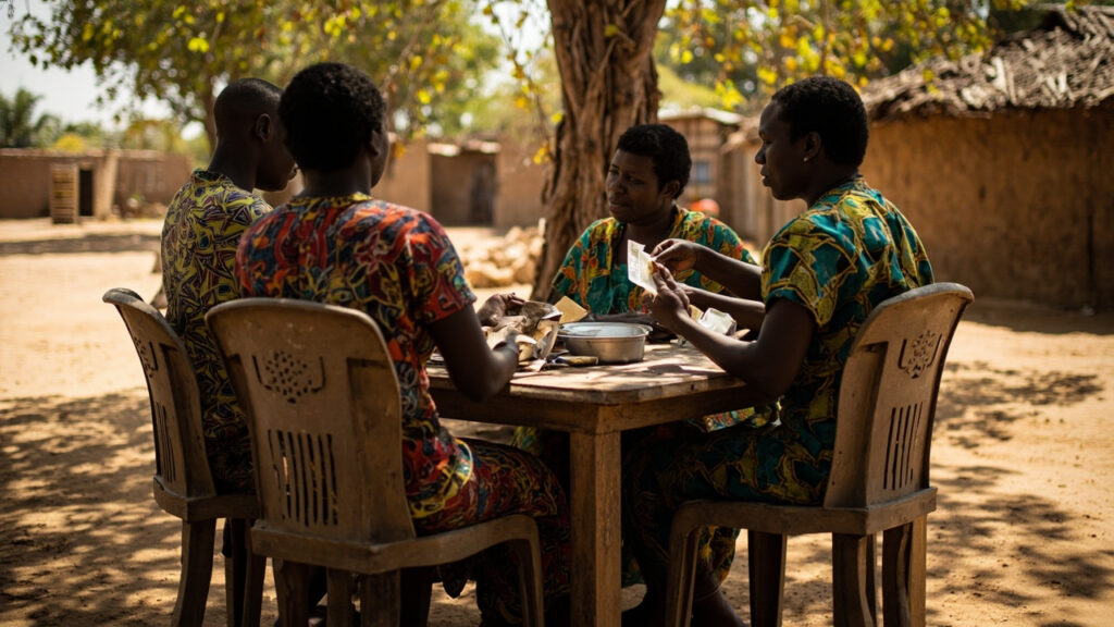 A small group of women seen from behind, seated around a wooden table in a shaded rural compound, placing folded paper currency into a metal
