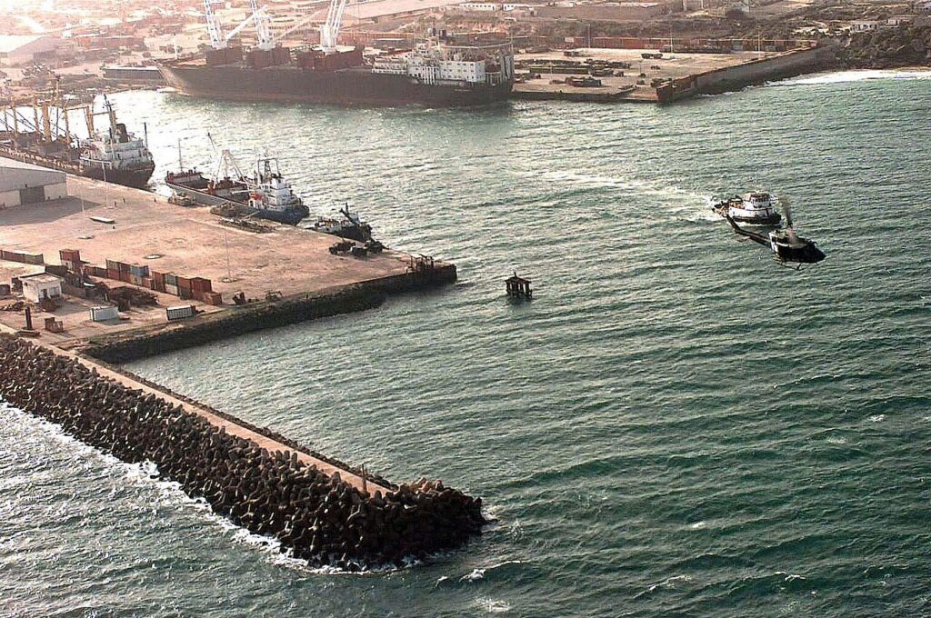 A coastal port scene with commercial vessels at anchor near a shoreline.