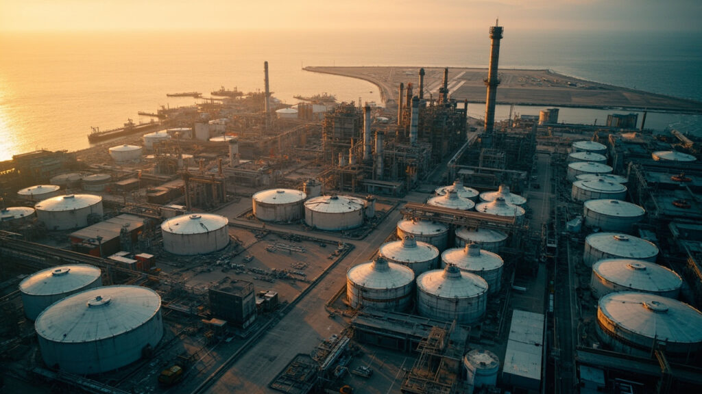 An aerial view of a sprawling coastal oil refinery complex with rows of cylindrical storage tanks, distillation columns and a tanker jetty a