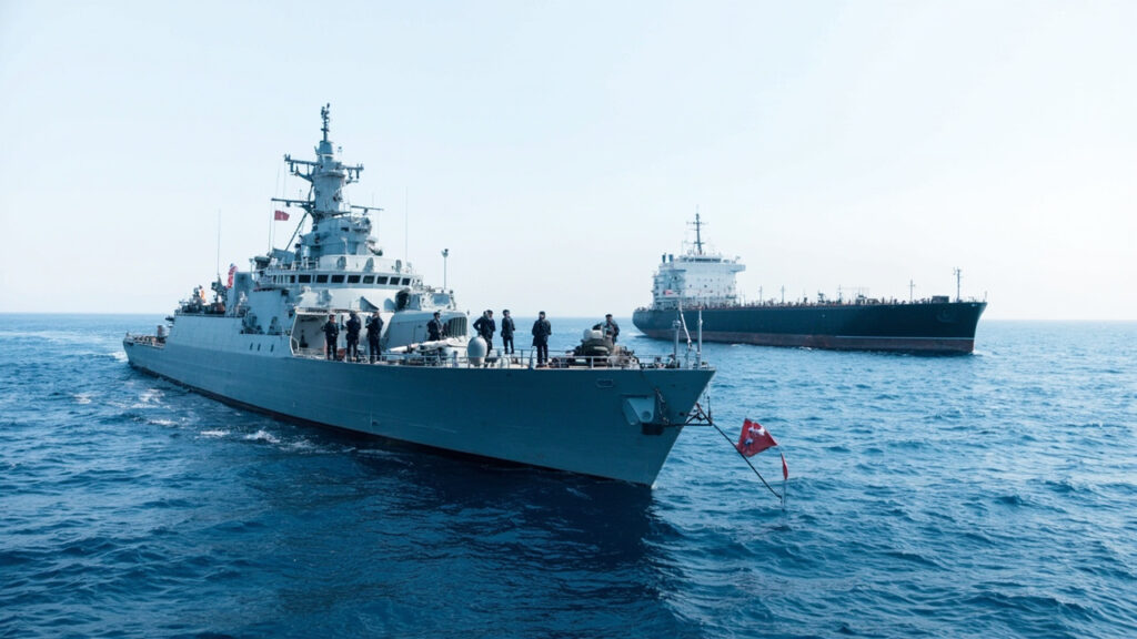 A gray naval warship positioned alongside a large civilian tanker at sea, with sailors visible on the warship's deck during a daytime boardi