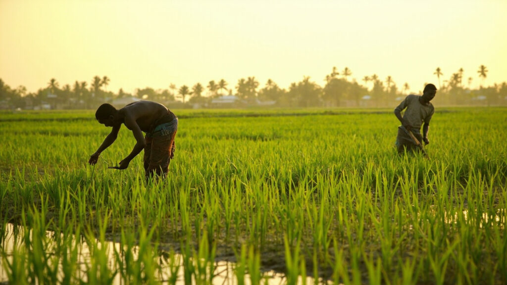 A wide view of a green rice paddy in West Africa at golden hour, with two farmers in the middle distance tending the crop.