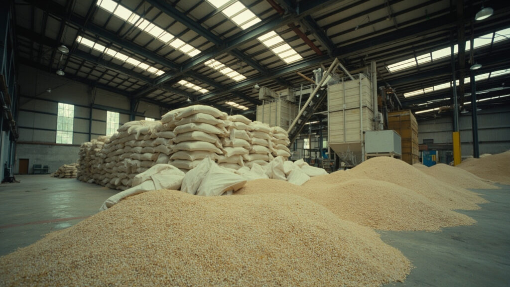 An indoor rice seed processing facility with stacked sacks of grain seed and industrial cleaning machinery.