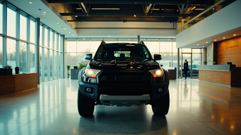 A modern car showroom interior with a rugged sport utility vehicle displayed under bright lighting.