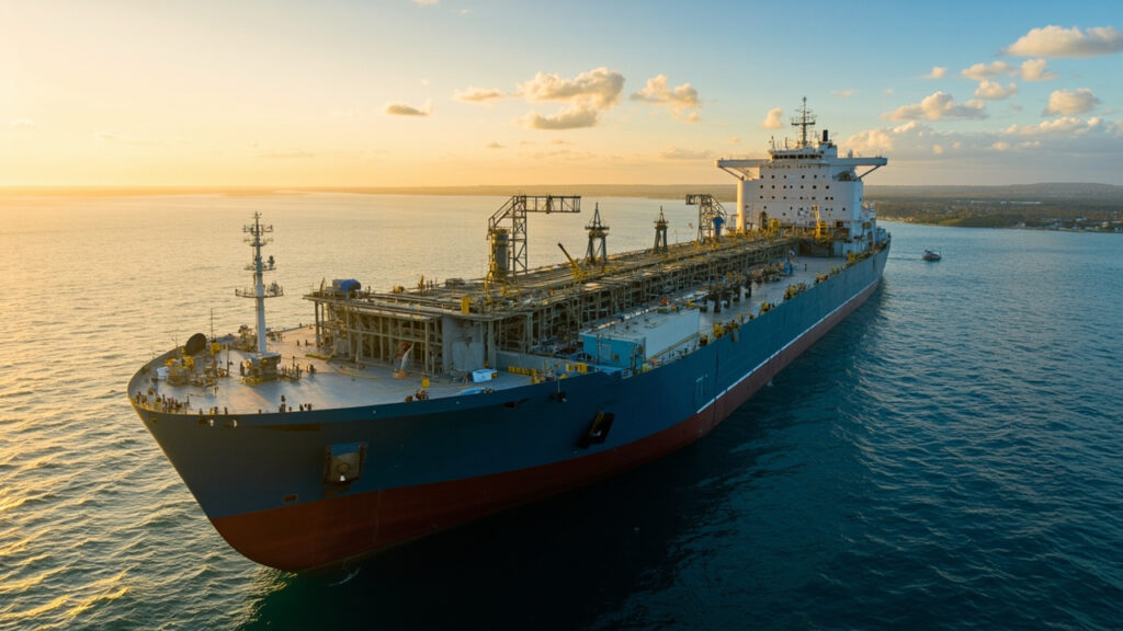 A large floating LNG vessel with topside processing modules moored offshore at golden hour.