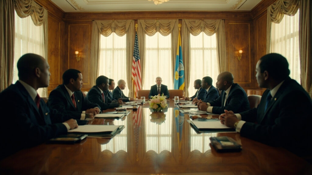 A formal diplomatic meeting in an official reception room, with officials seated around a polished conference table and two national flags s