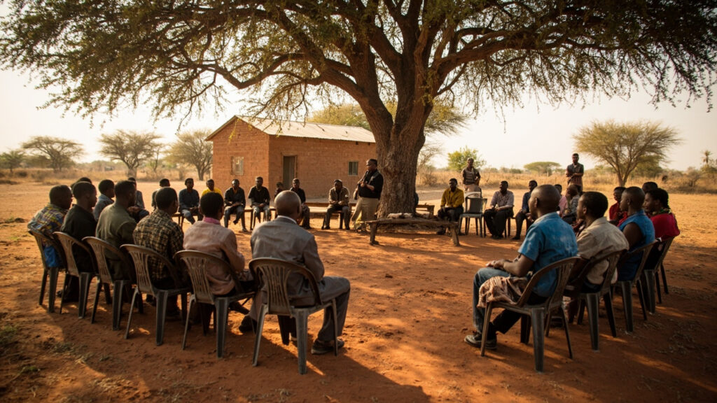 A community meeting in a rural Ugandan district where residents and officials gather to discuss teenage pregnancy and child marriage.