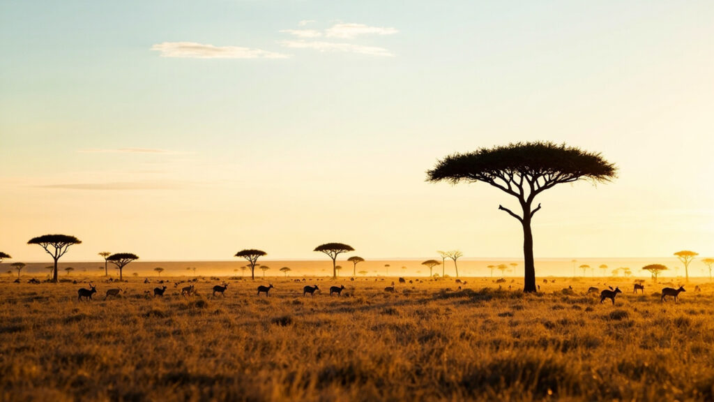 A sweeping savanna landscape at golden hour with acacia trees and grazing wildlife, representing Kenya's flagship tourism offerings.