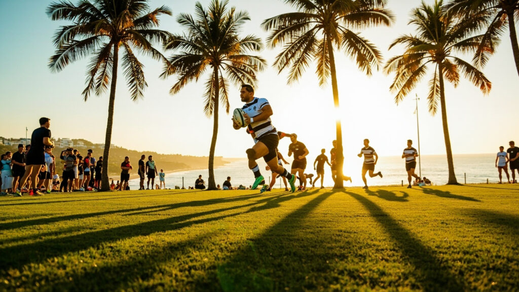 A rugby sevens match in progress on a grass pitch beside a coastline, with players in contrasting jerseys contesting possession.