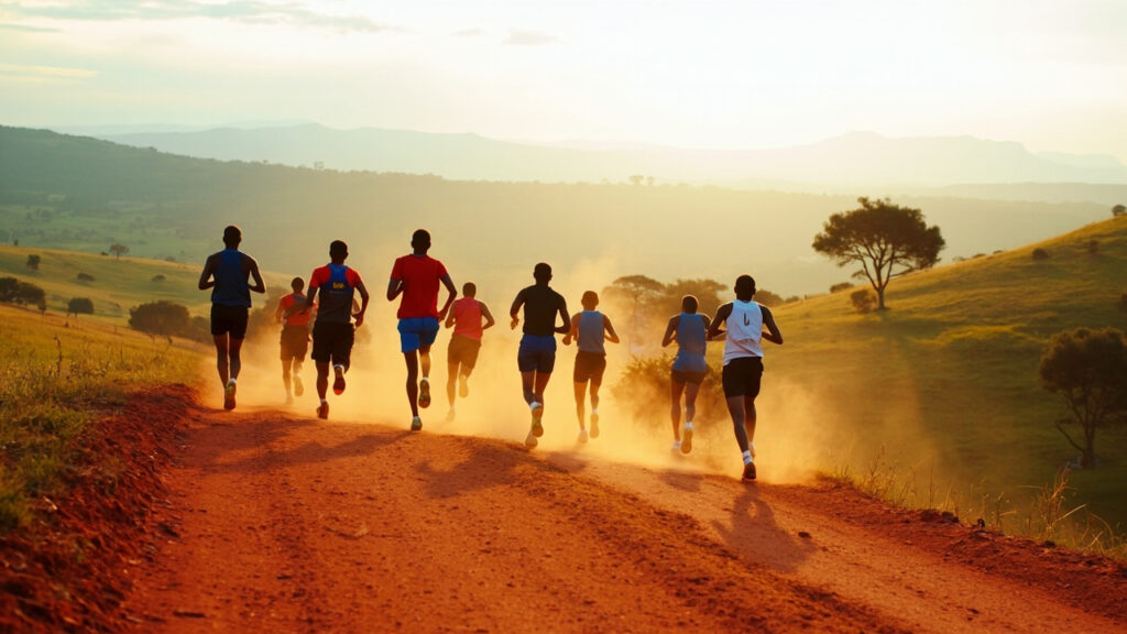 Runners seen from behind training on a dirt road through Kenya's Rift Valley highlands near Eldoret at dawn.