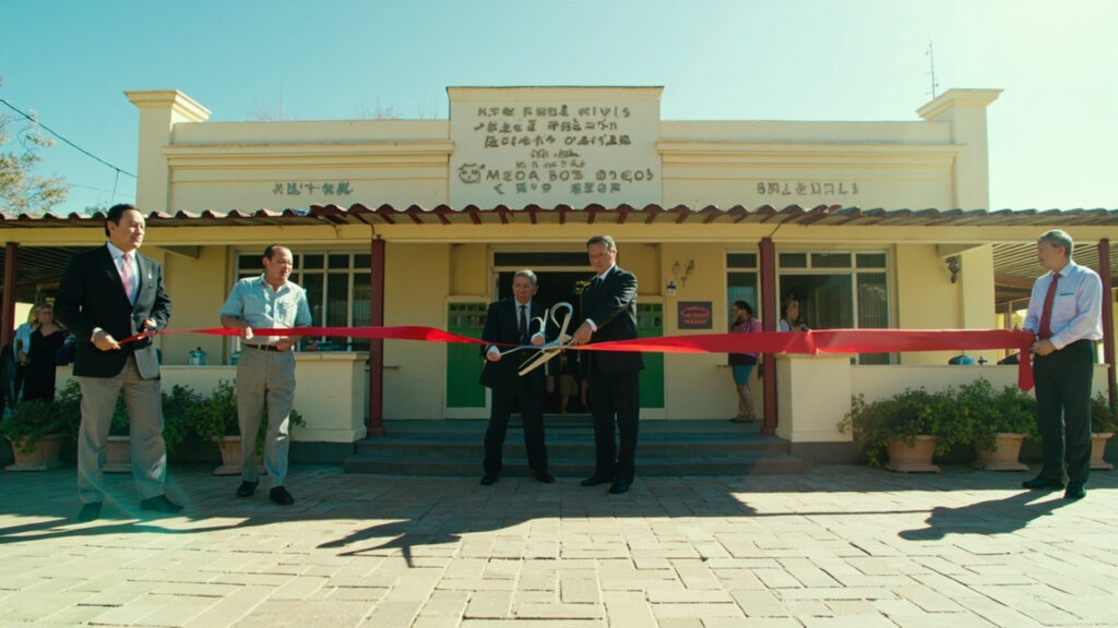 Two officials cut a ceremonial ribbon at the entrance of a newly inaugurated legal aid centre, with onlookers gathered outside.