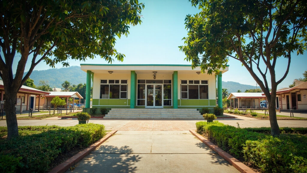 Exterior view of a modern single-storey civic building with cream and green walls, large glass windows, and a central entrance with concrete