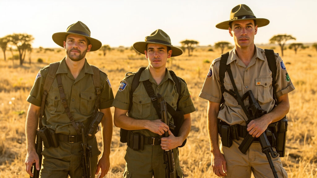 Kenyan wildlife rangers in uniform standing in a national park setting with green vegetation in the background.