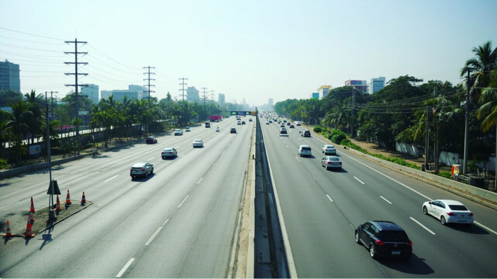 A daytime view of a busy multi-lane highway in a tropical urban setting with cars and trucks in motion and construction activity on one side