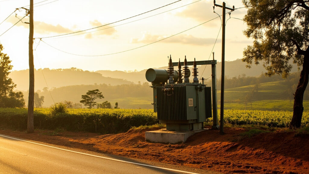 An olive-green electrical distribution transformer mounted on a concrete plinth beside wooden power poles in a rural Kenyan tea-growing land