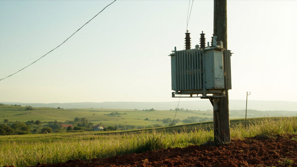 An electrical distribution transformer mounted on a utility pole in a rural agricultural landscape in Kenya.
