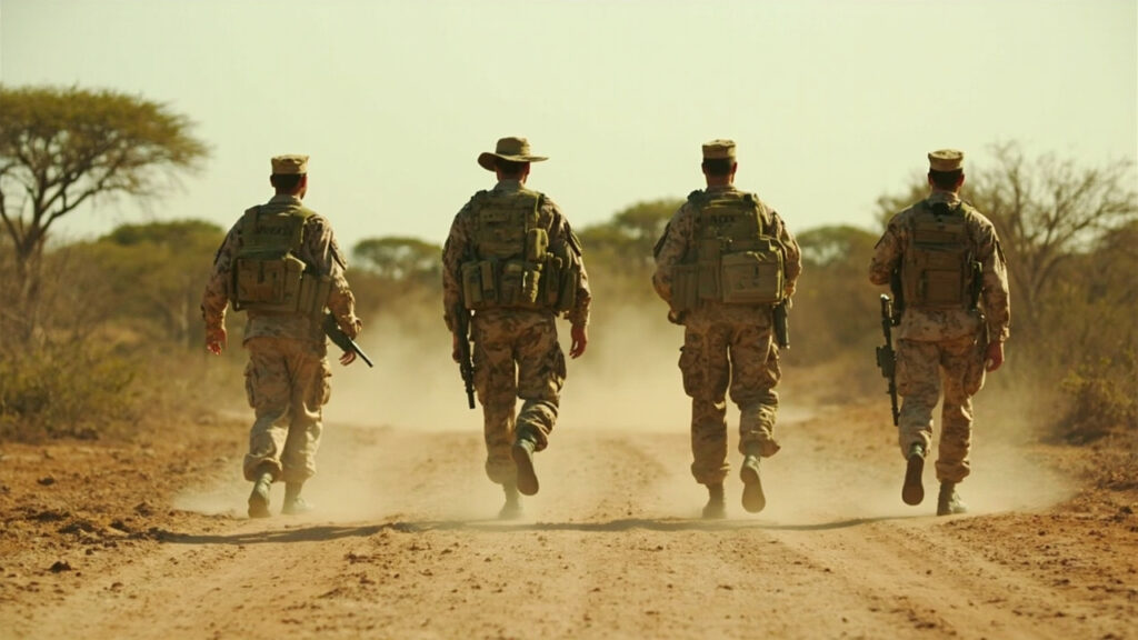 Wide-angle view of military personnel conducting field exercises on dry African savanna in Laikipia, Kenya, with acacia trees in the backgro
