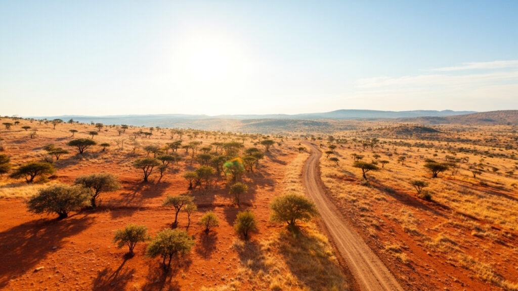 Wide arid landscape of the Laikipia plateau near Nanyuki with dry grass, acacia trees and low distant hills.