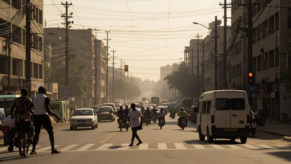 Pedestrians crossing a busy multi-lane urban road with vehicles waiting at a traffic signal during daytime in a tropical African capital cit
