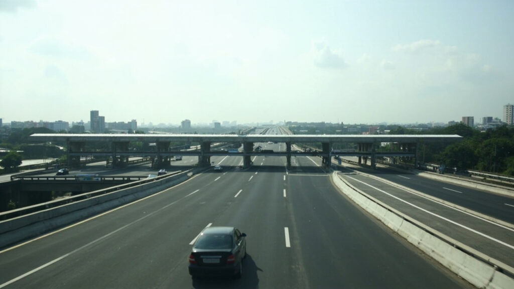 An elevated toll road with concrete pillars and a toll plaza structure, with vehicles on the carriageway and Nairobi cityscape in the distan