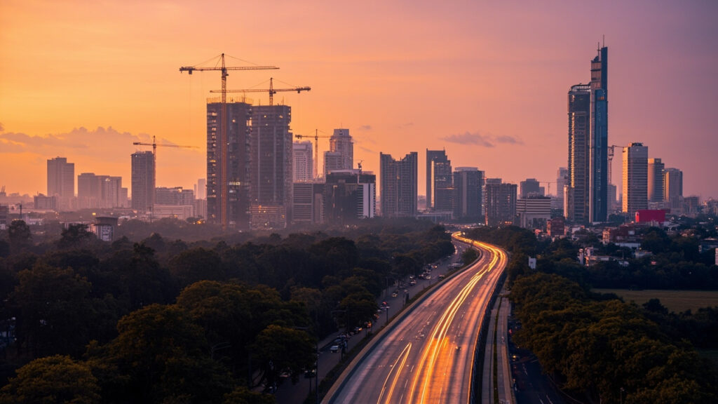 A wide photograph of a modern African capital city skyline at dusk with high-rise buildings and construction cranes visible.