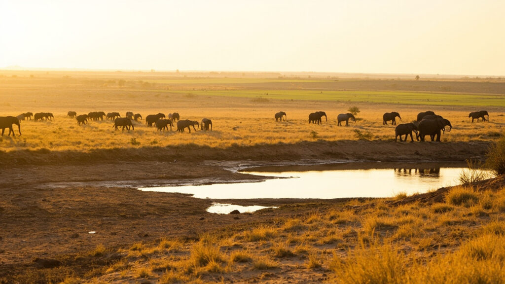 A dry waterhole on the Kenyan savanna with agricultural fields visible in the distance beyond the wildlife habitat.